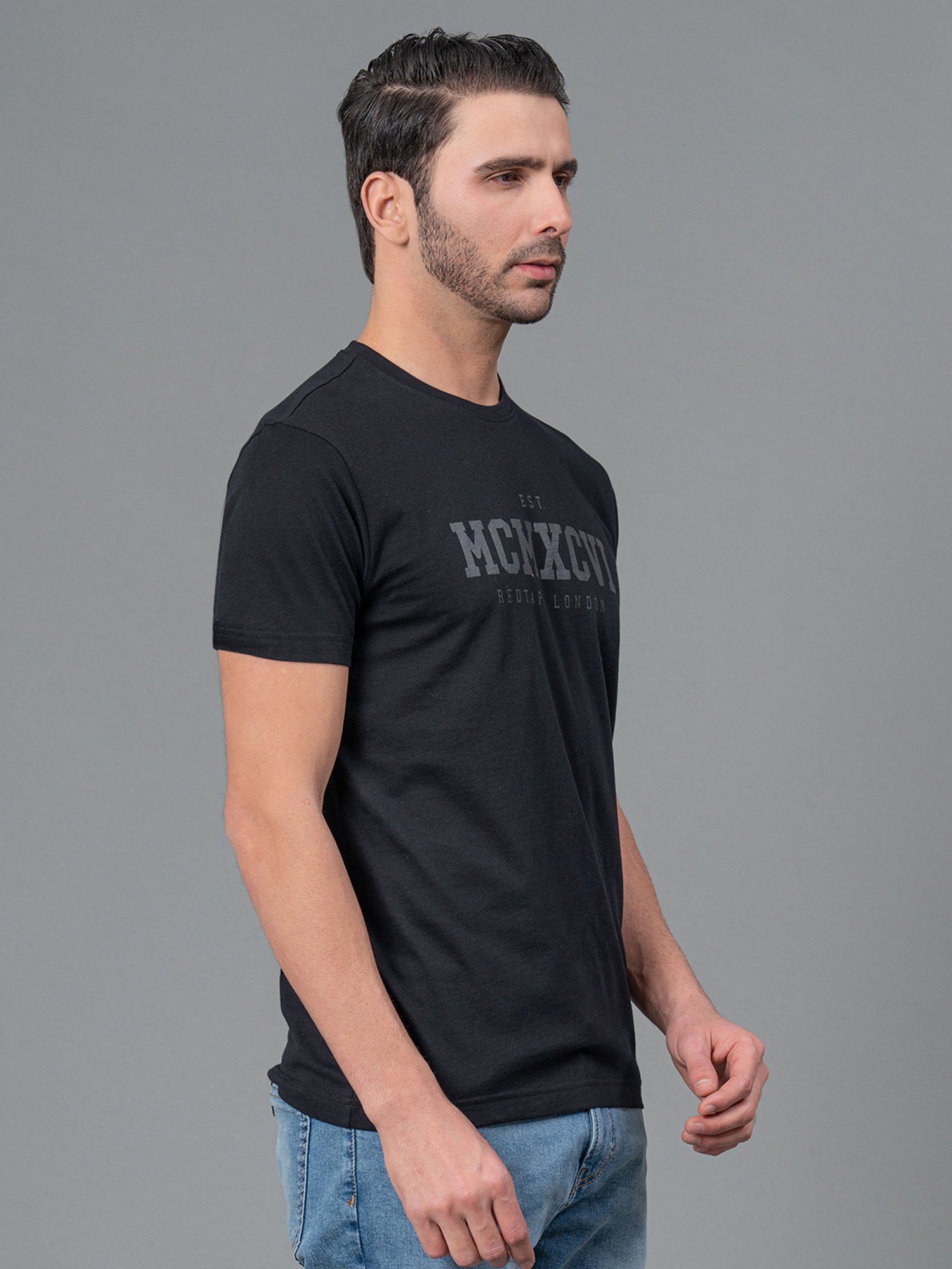 Red Tape Black Regular Fit Graphic Print Cotton Crew T-Shirt