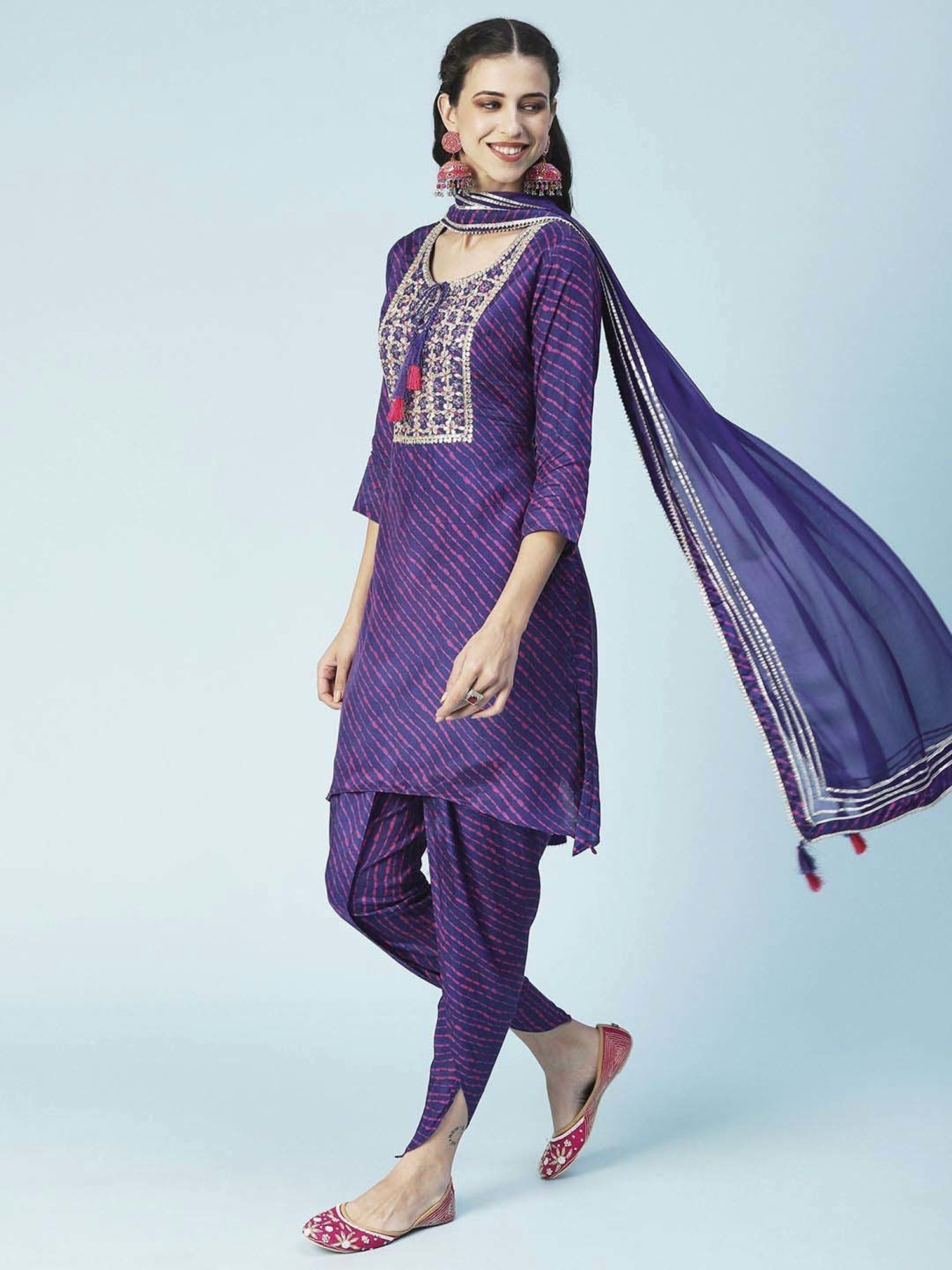 Fashor Purple Embroidered Kurti Dhoti Pant Set With Dupatta