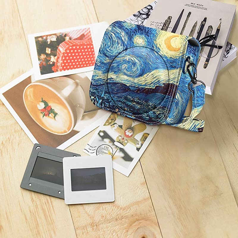 Protective Case Compatible with Fujifilm Instax Mini 8 Mini 8+ Mini 9 Instant Camera Premium Vegan Leather Bag Cover with Removable Strap Starry Night