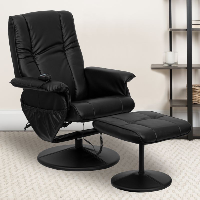 Flash Furniture Massaging Heat Controlled Adjustable Recliner and Ottoman with Wrapped Base in Black LeatherSoft