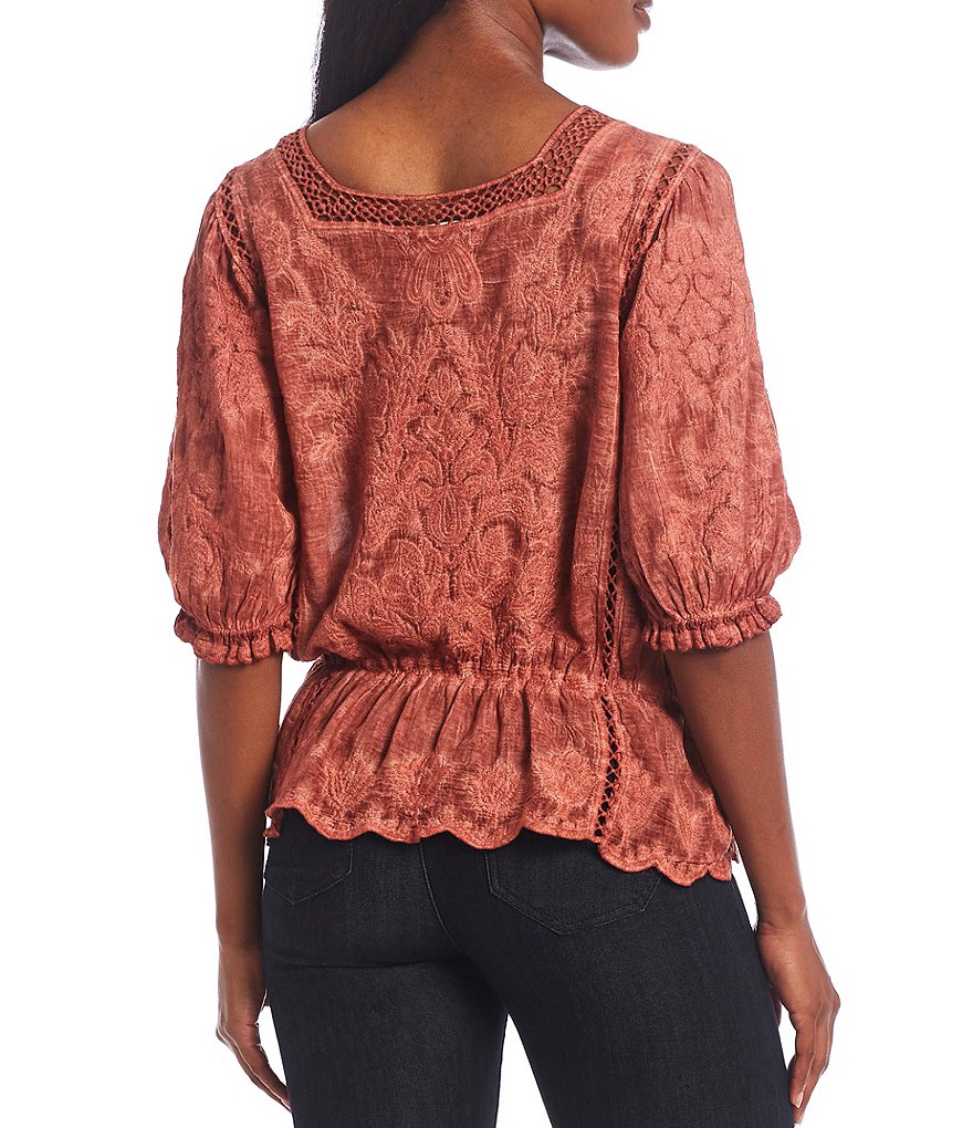 Democracy Mineral Wash Crochet Square Neck Scallop Trim Elbow Sleeve Peplum Top