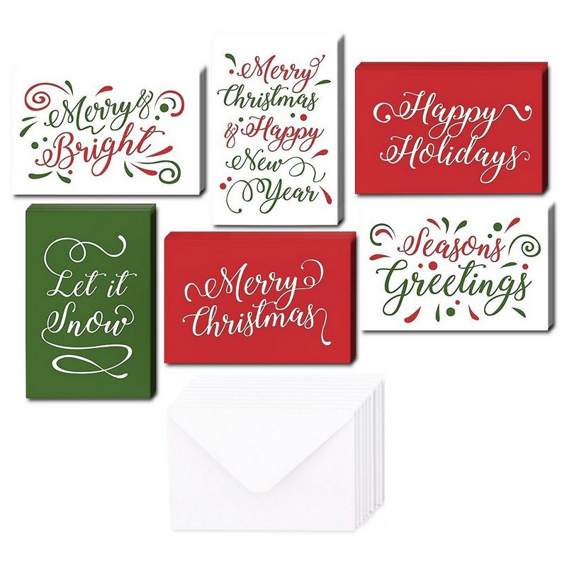 48 Pack of Christmas Winter Holiday Family Greeting Cards - Assorted Christmas Greetings Red Green - Boxed with White Envelopes Included - 4.5x6.25"