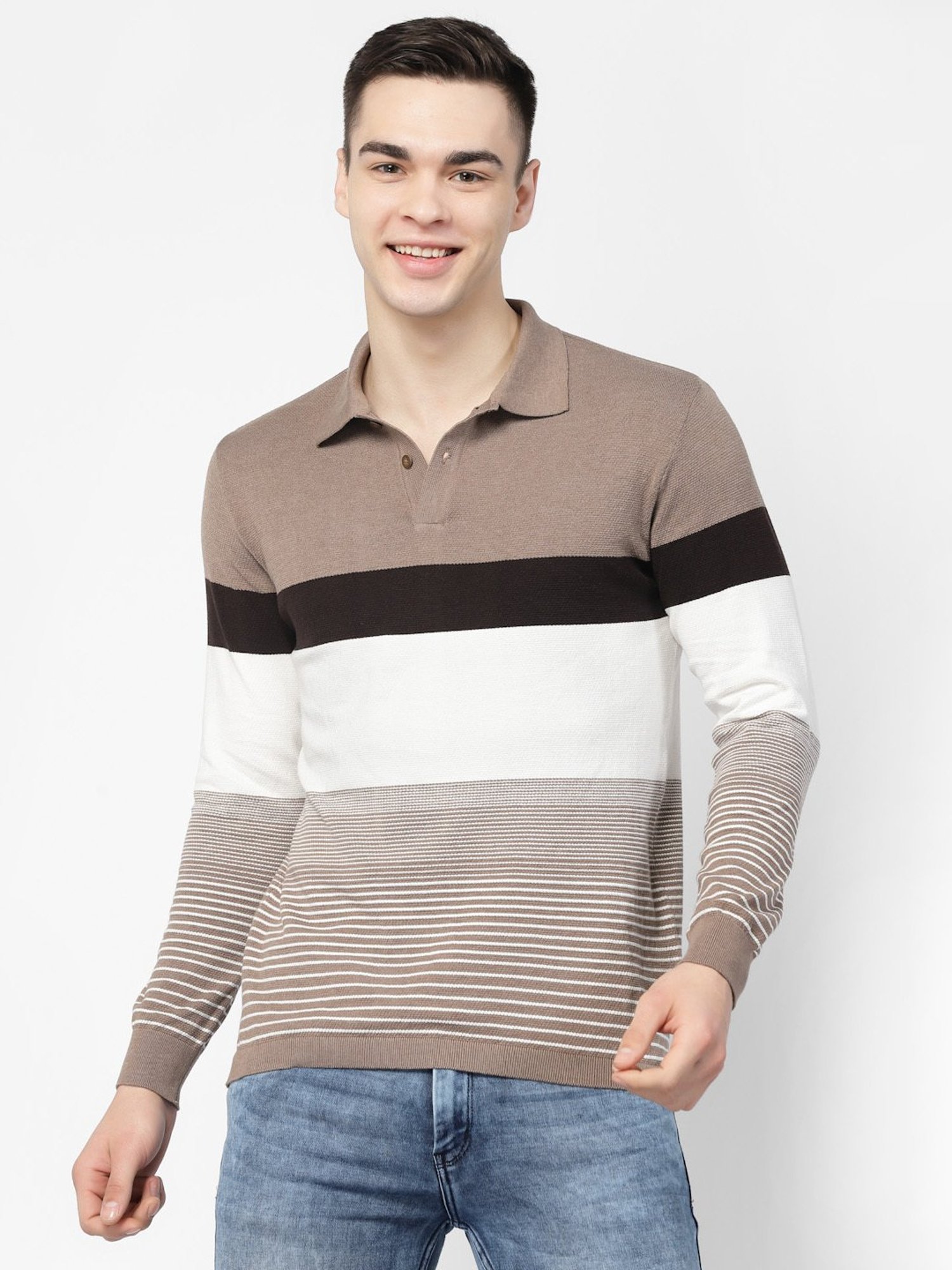 Kalt Brown & White Regular Fit Striped Polo T-Shirt