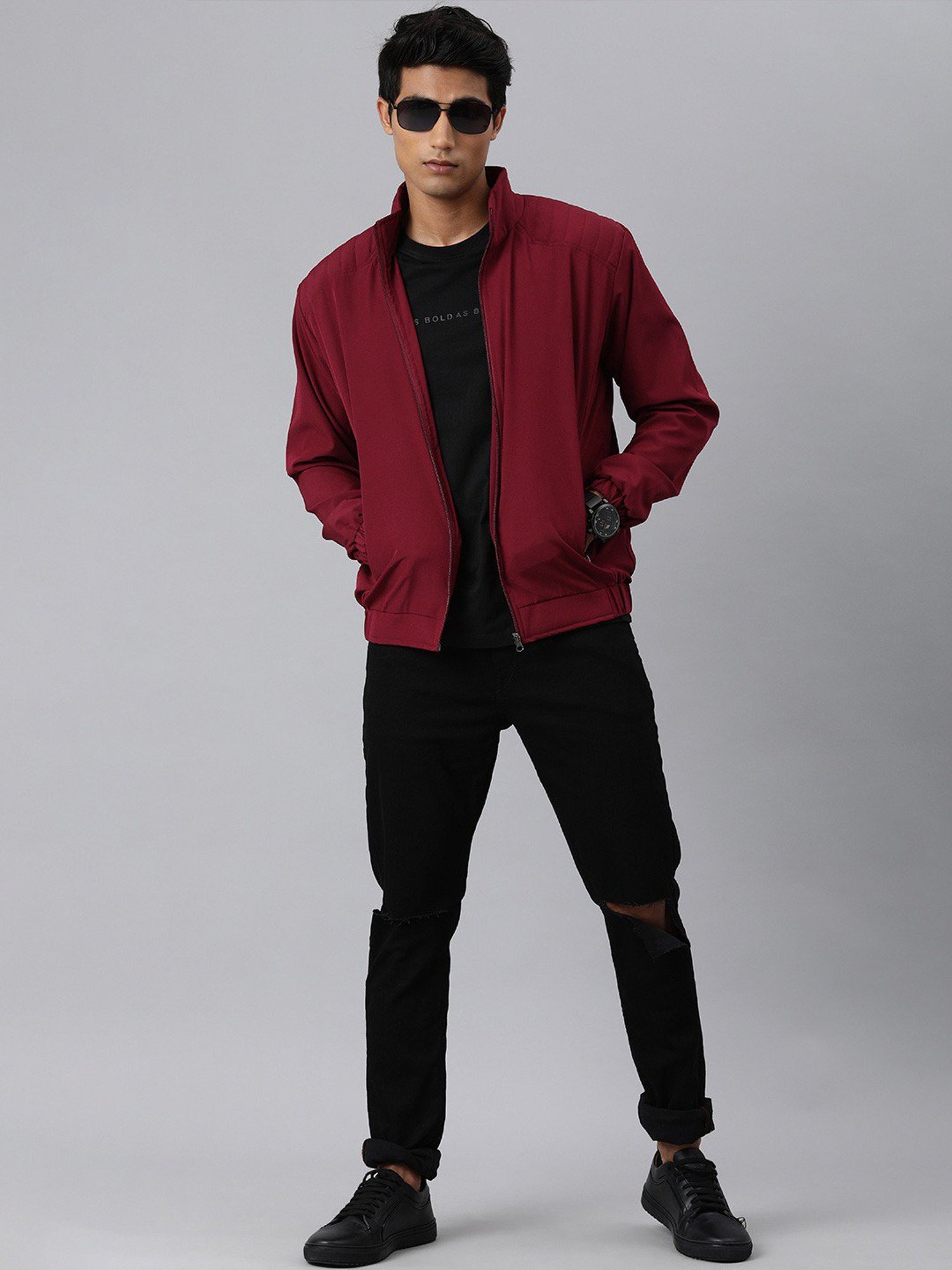 VOXATI Maroon Full Sleeves Mandarin Collar Jacket