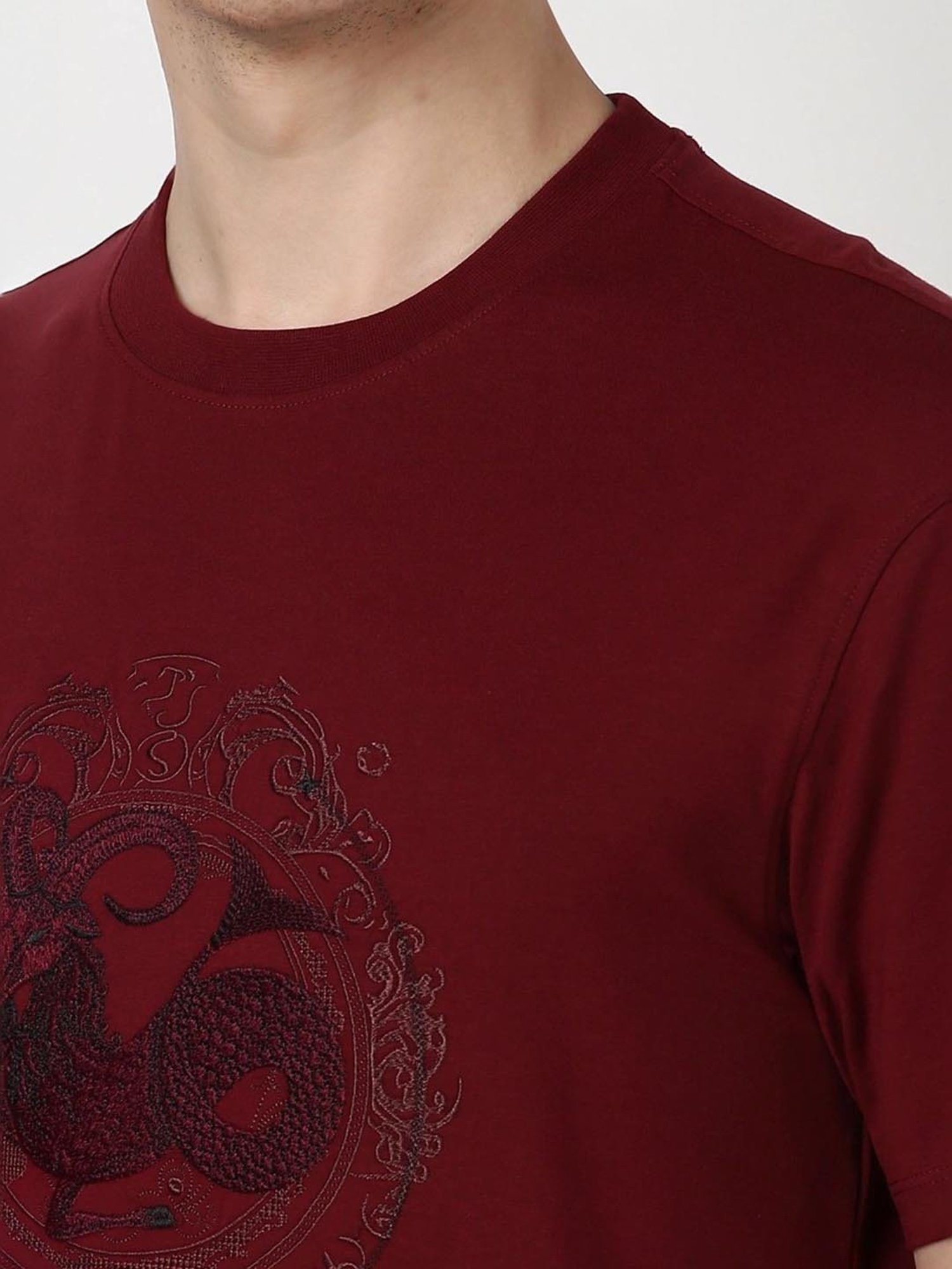 Peter England Casuals Maroon Cotton Regular Fit Embroidered T-Shirt
