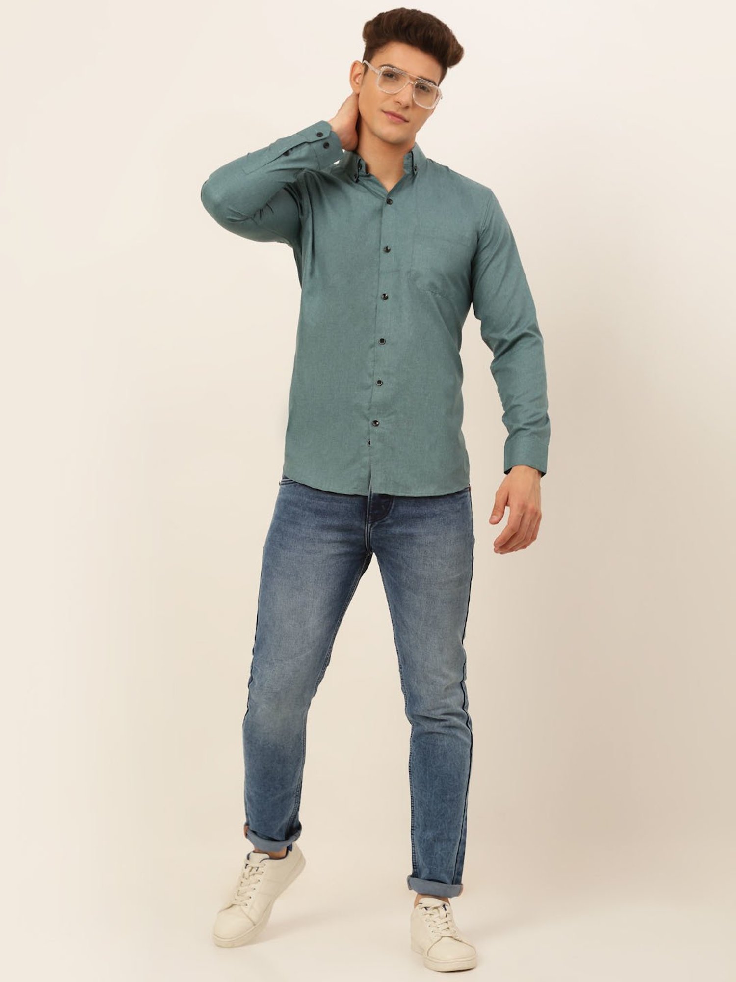 Jainish Olive Green Cotton Regular Fit Shirt