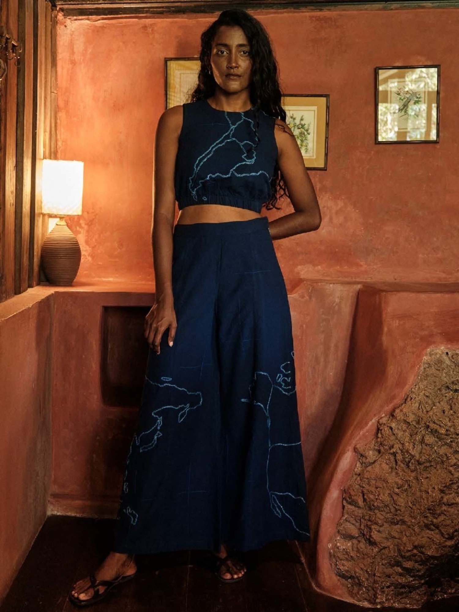 Okhai Excursion Navy Pure Cotton Hand Embroidered Flared Pants