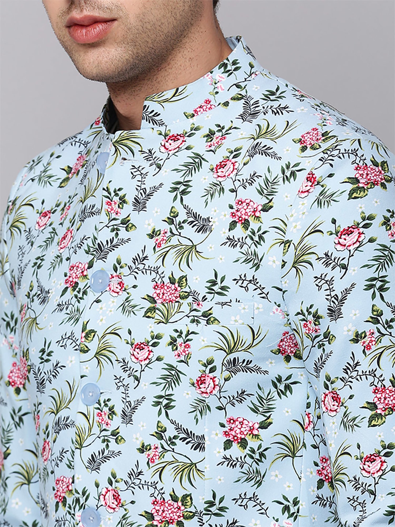 SHOWOFF Blue Cotton Slim Fit Floral Print Blazer