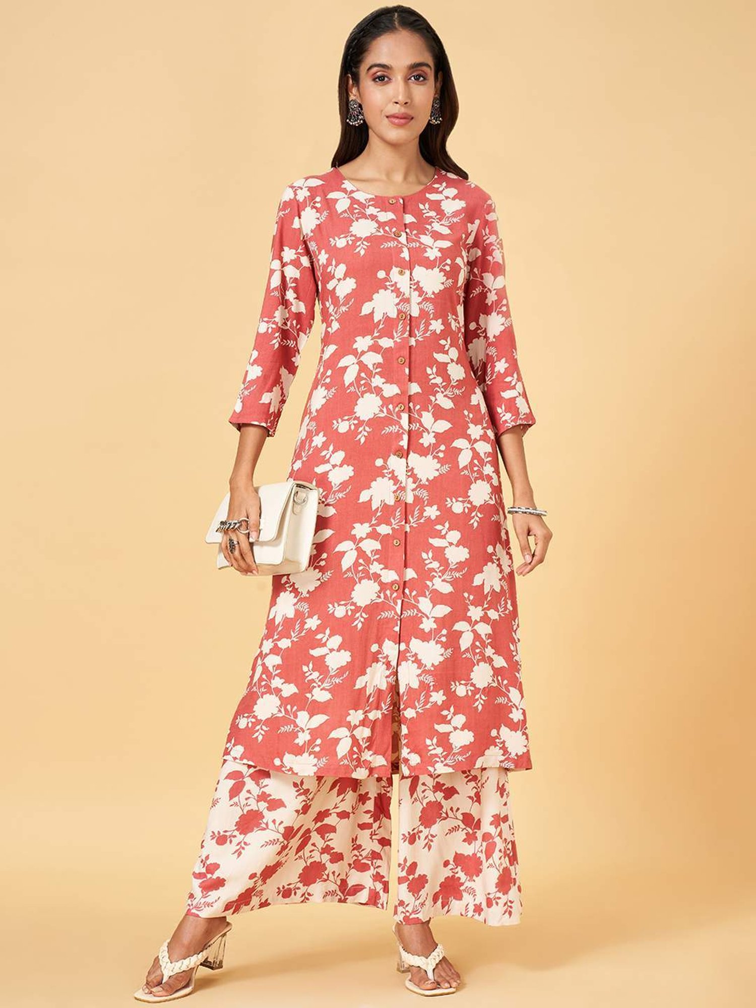 Rangmanch by Pantaloons Peach & White Printed Kurta Palazzo Set