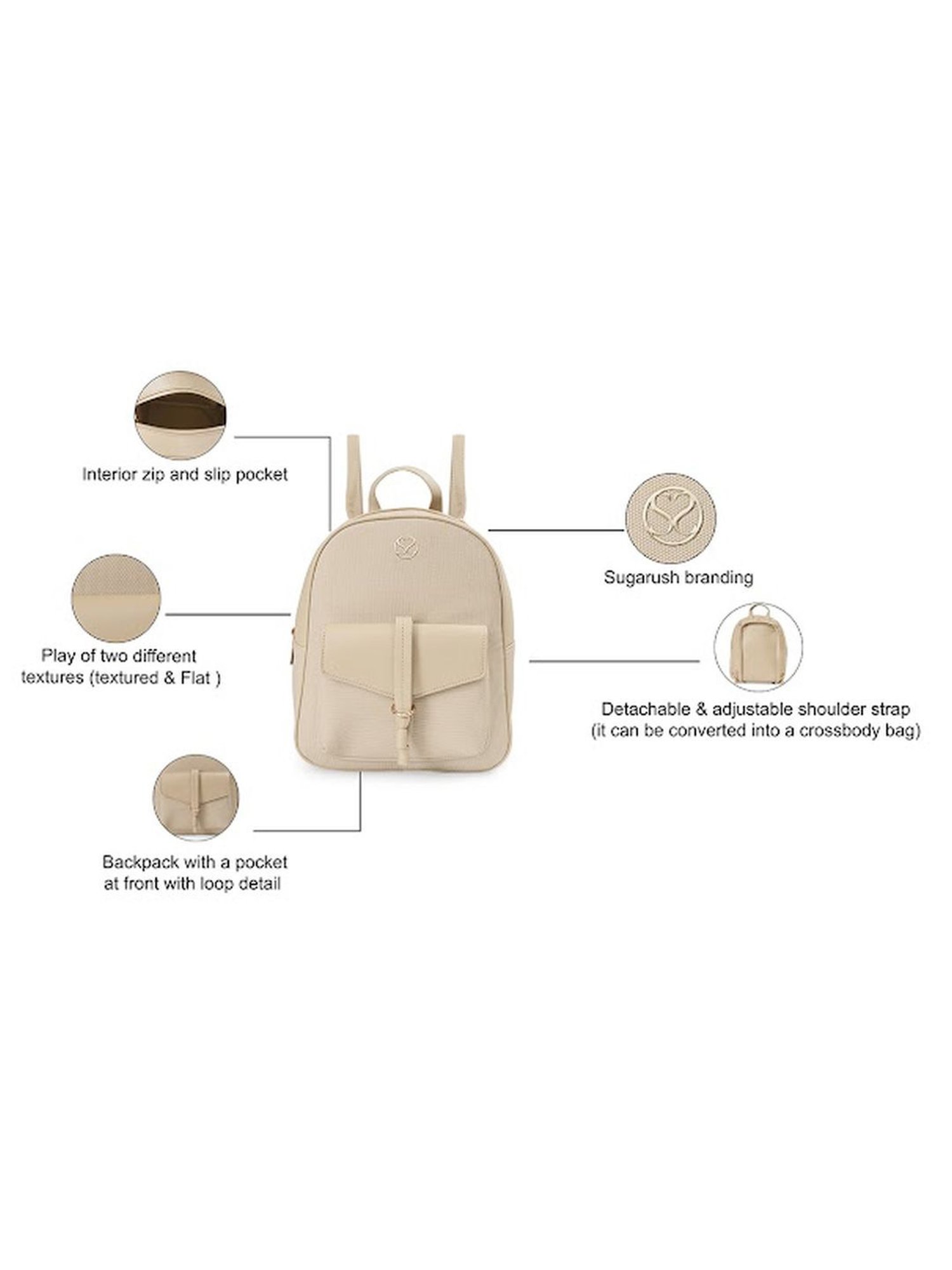 Sugarush Arne Beige PU Textured Backpack - 8.7 Ltrs
