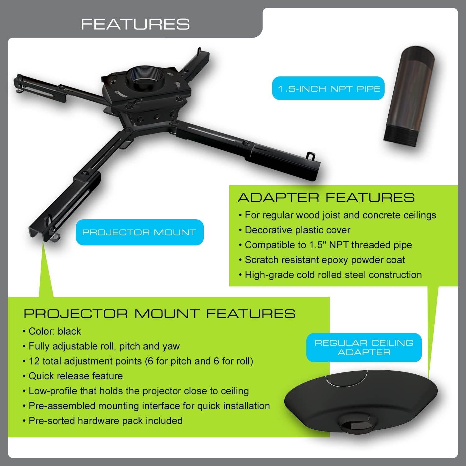 QualGear Pro-AV QG-KIT-CA-3IN-B Single Joist Ceiling Adapter, 3" 1.5" Projector Mount Kit Accessory, Black