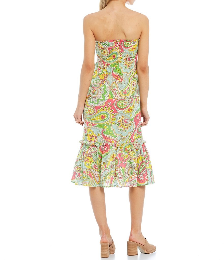 Julie Brown Hampton Paisley Print Ruffle Hem Strapless Smocked Dress