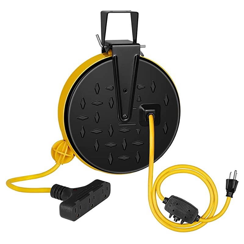 30 Ft Retractable Extension Cord Reel CeilingWall Mount 163 Gauge SJTW Power Cord with 3 Electrical Outlets Pigtail for Garage and Shop 10 Amp Circuit Breaker Metal Plate ETL Listed