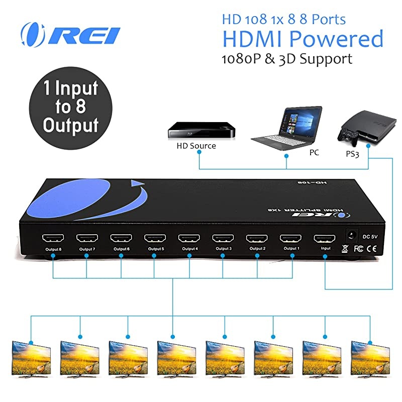 1080p 1x8 HDMI Splitter by  - 1 Port to 8 HDMI Display Duplicate/Mirror - Powered Splitter Ver 1.3 Certified for Full HD 1080P High Resolution 3D Support (One Input To Two Outputs) - HD-108