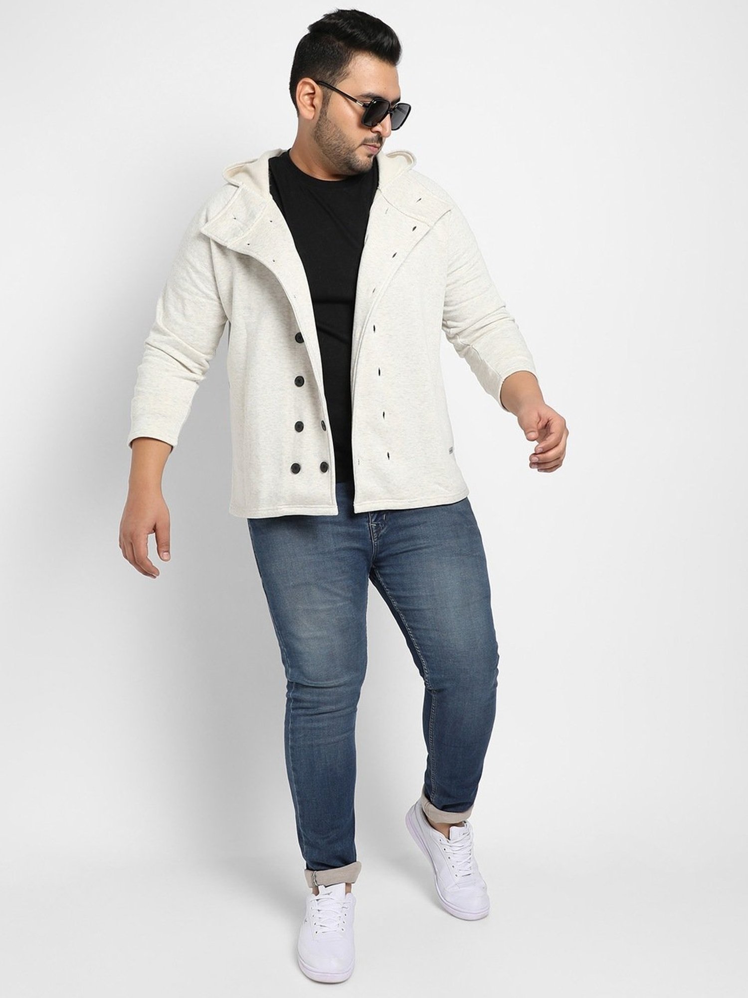 Instafab Plus Grey Cotton Regular fit Self Pattern Plus Size Hooded Jacket