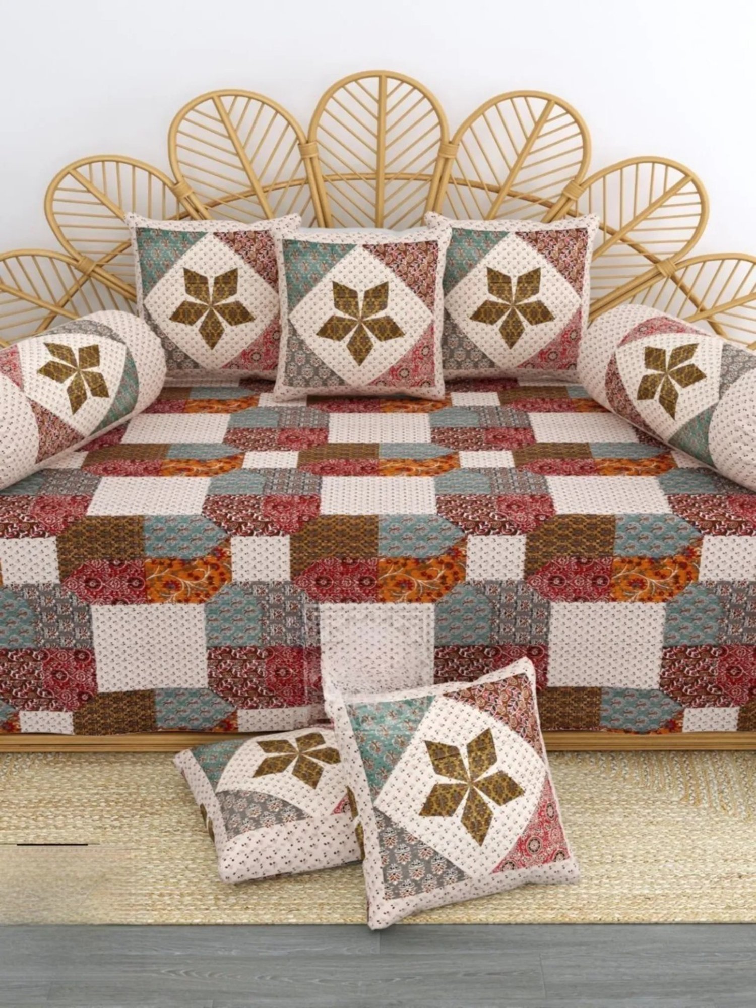 Living Roots Printed Green 300 TC Cotton Single Diwan - Set of 8