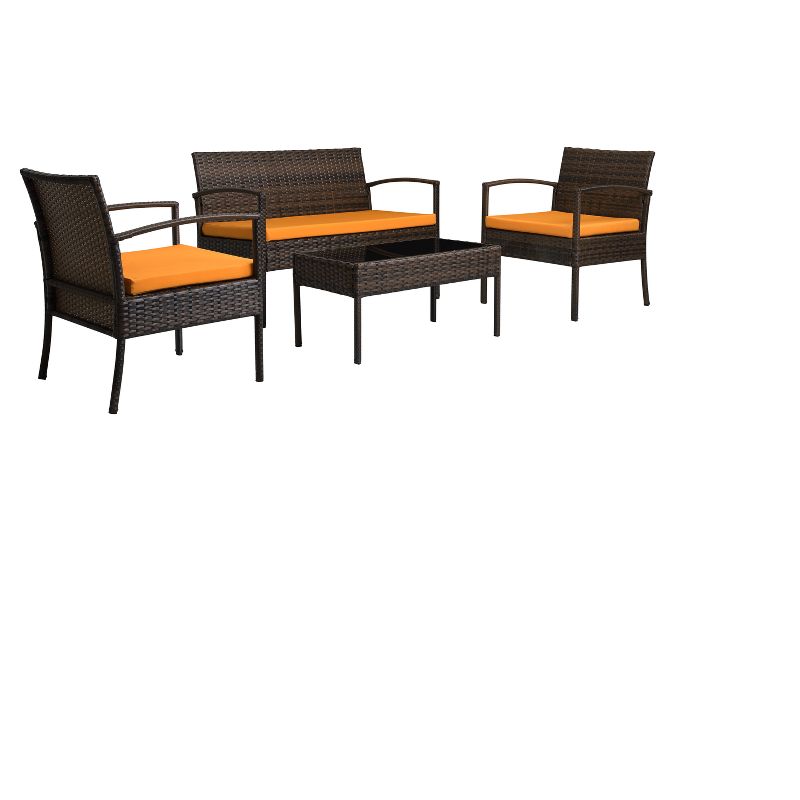 4pc Wicker Teaset - Dark Brown with Orange Cushions - Thy Hom
