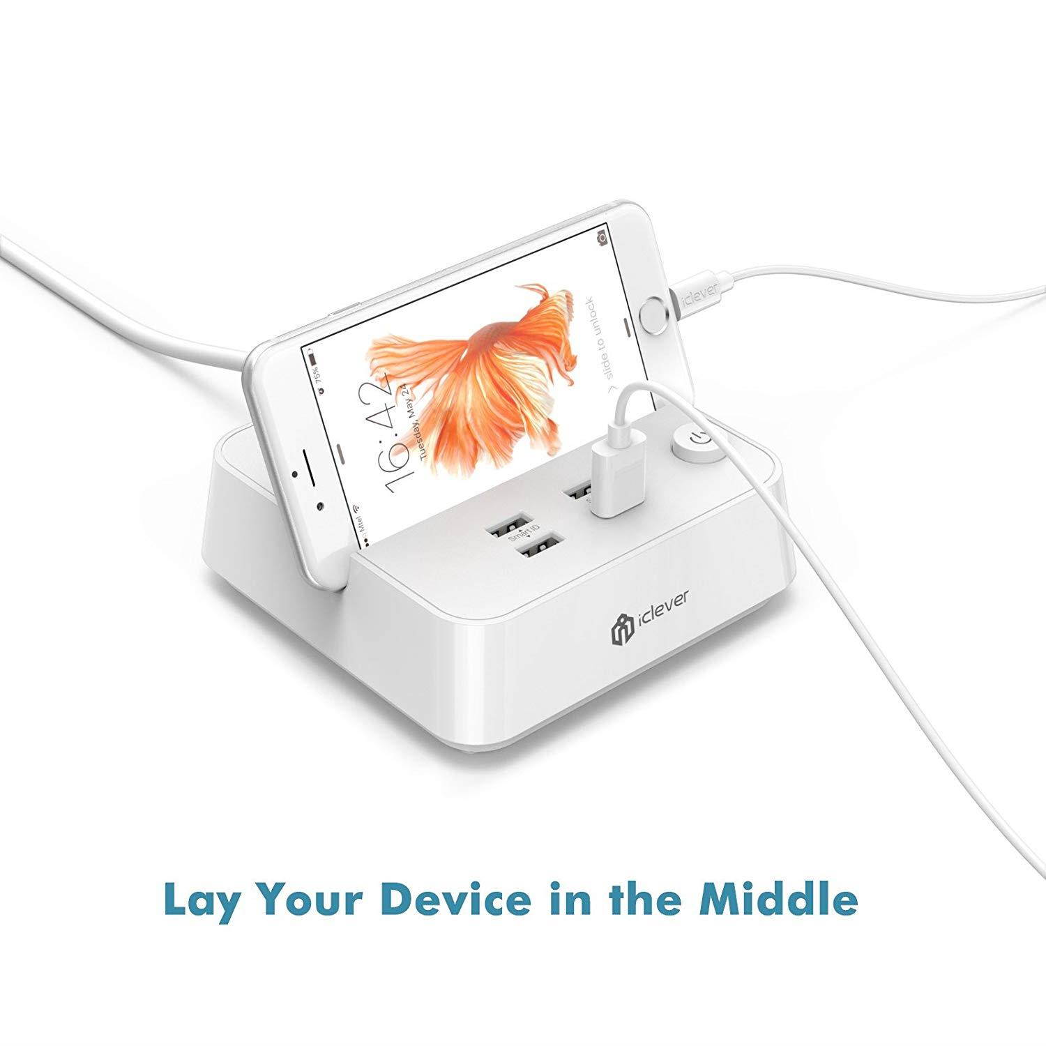 [Separate Switch Control] iClever BoostStrip IC-BS02 Smart Power Strip | USB Charger with 4 USB + 3 AC Outlets, Dual Switch Control Charging Station and Phone/Tablet Stand - White