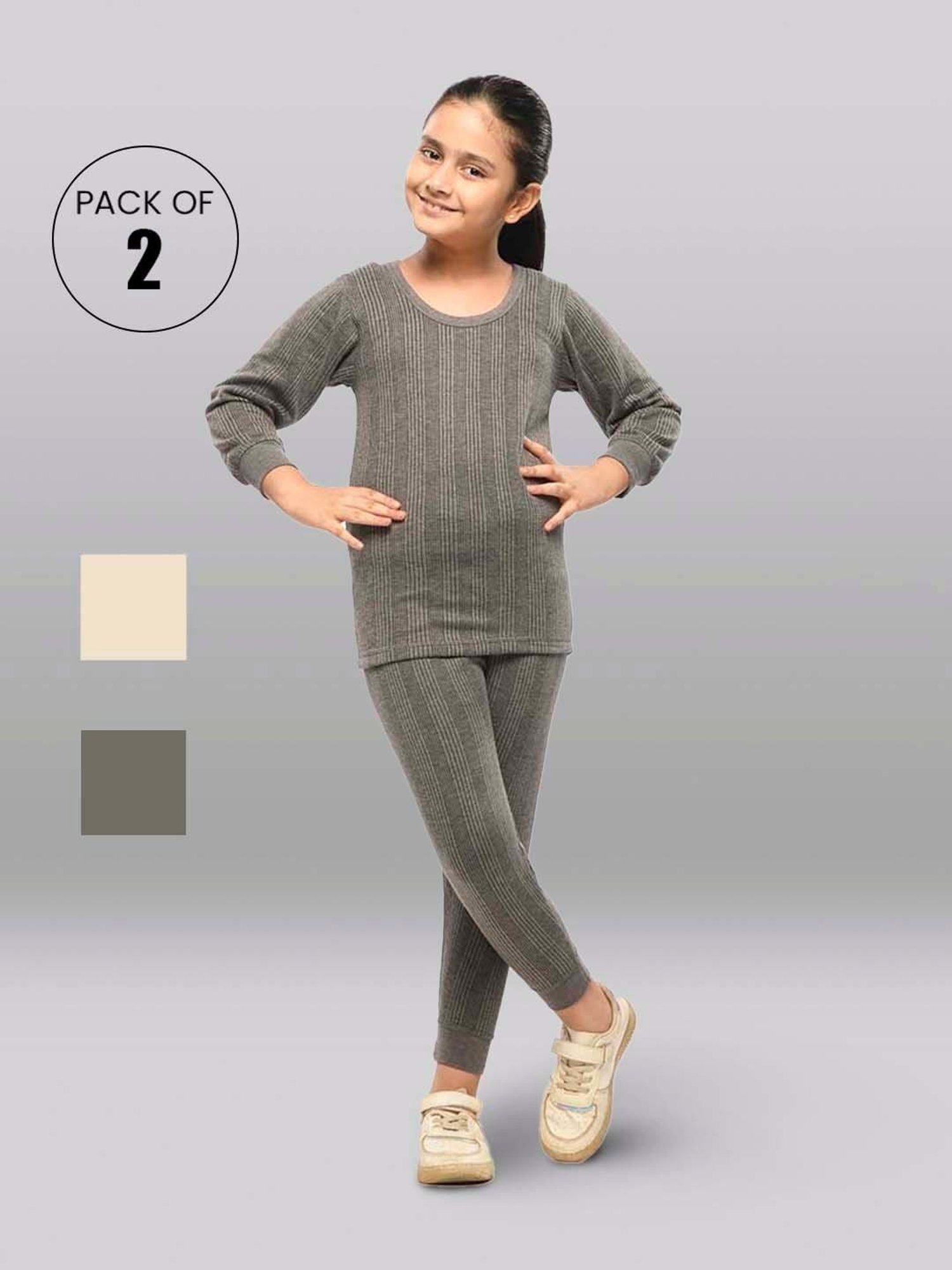 Dyca Kids Grey Melange Textured Thermal Top (Pack Of 2)