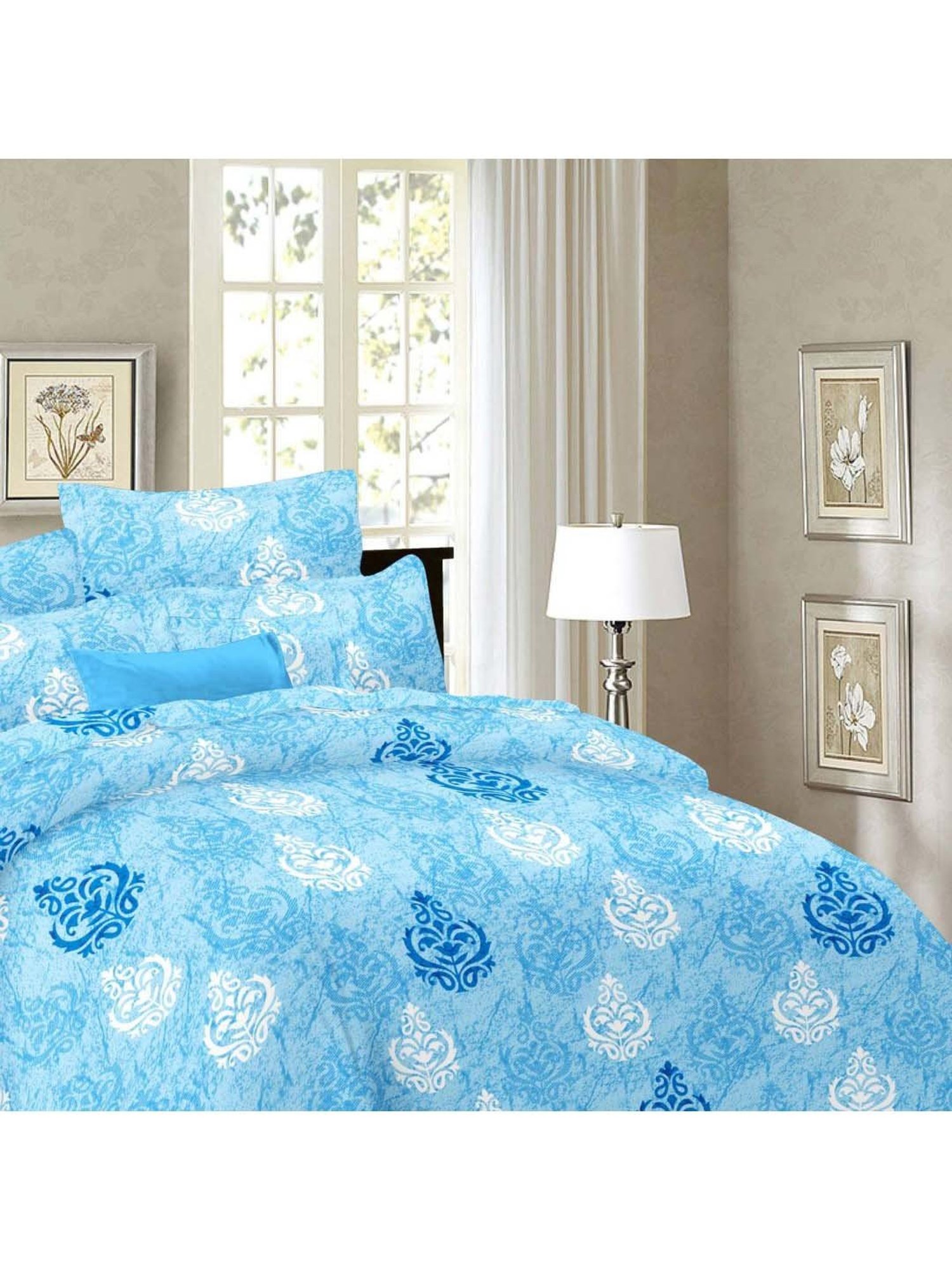 Ariana Blue Cotton 144 TC Queen Bedsheet With 2 Pillow Cover