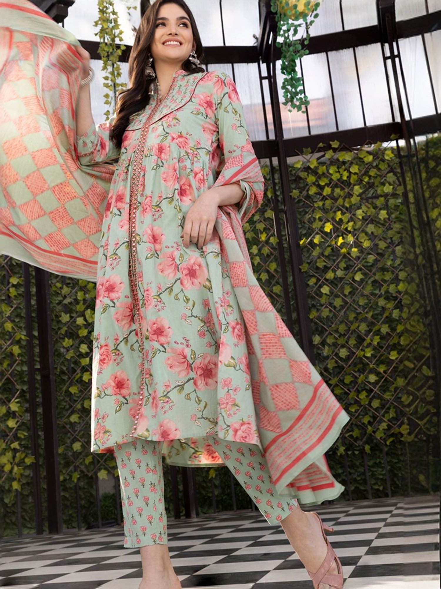 Ishin Green & Pink Floral Print Kurta & Pants Set with Dupatta