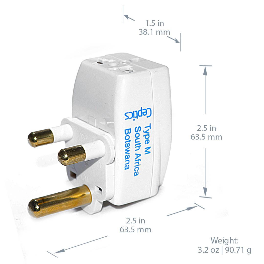 Ceptics 3 Outlet Grounded Travel Adapter Plug for South Africa, Namibia (Type M), Universal Socket Plug Accepts Plugs From any Country (GP3-10L)
