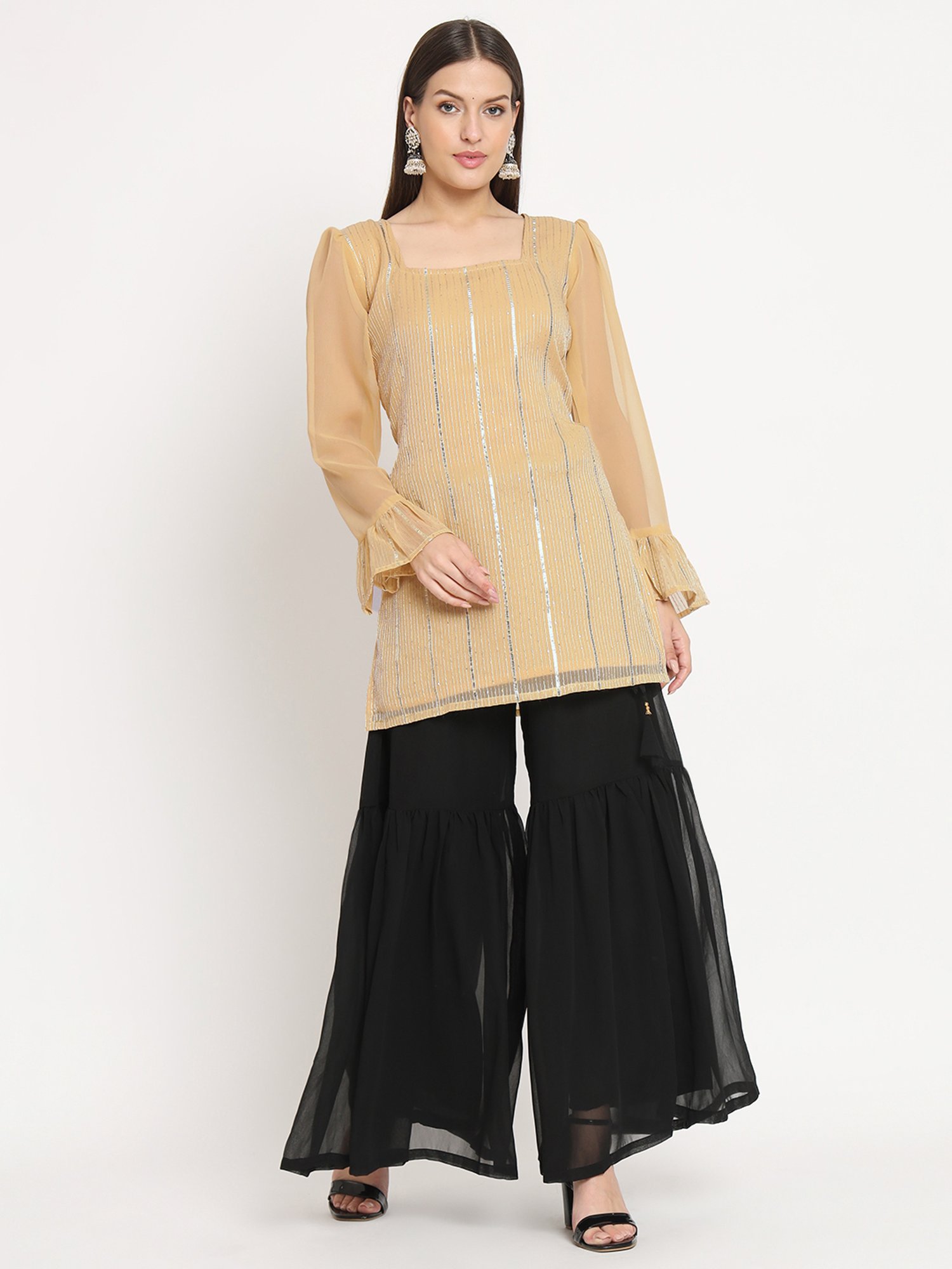 studiorasa Beige Georgette Lace Straight Kurti