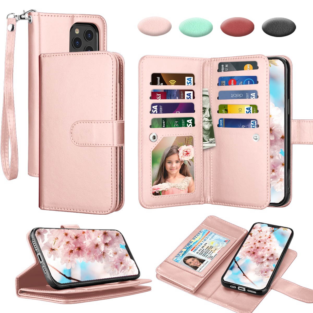 iPhone 12 Case, 6.1" Apple iPhone 12 Pro Wallet Case, Tekcoo PU Leather Case Cash ID Credit Card Slots Holder Carrying Flip Phone Case Cover Kickstand Detachable Magnetic Hard Cases & Strap,Rose Gold