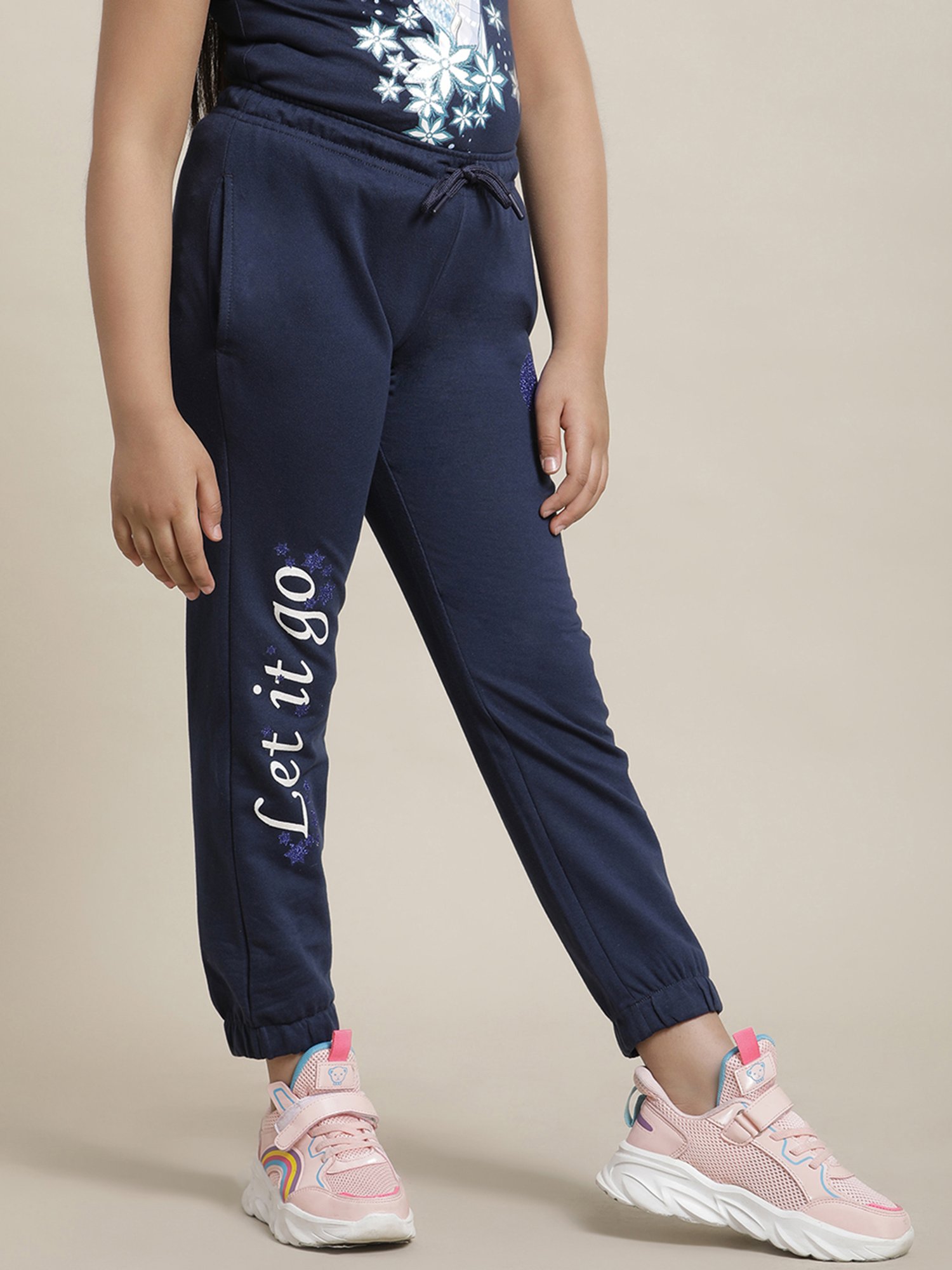 Girlsville Frozen Navy Printed Joggers For Girls
