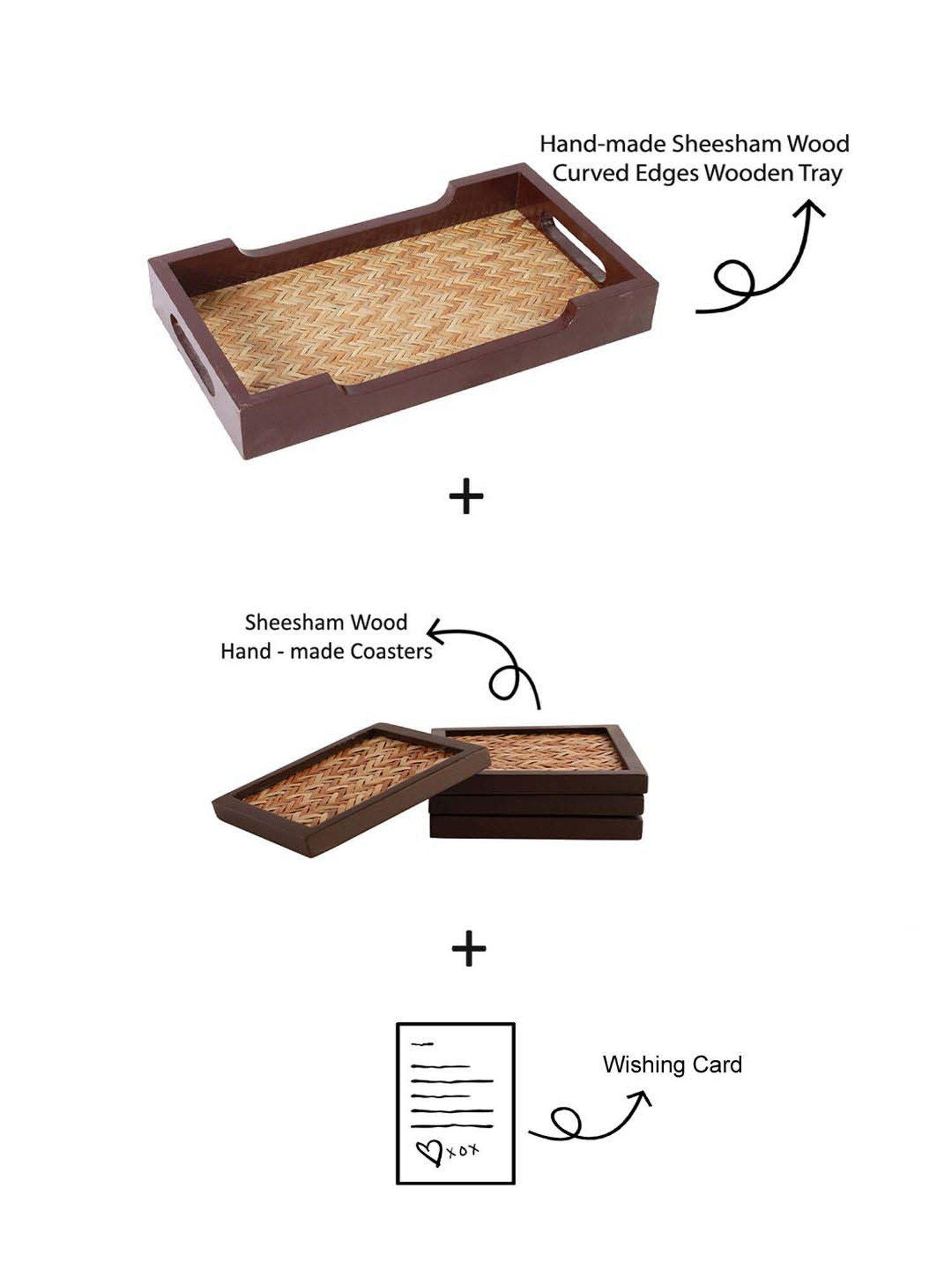 VarEesha Serve With Love Brown Wood Tray with Coaster - Set of 5