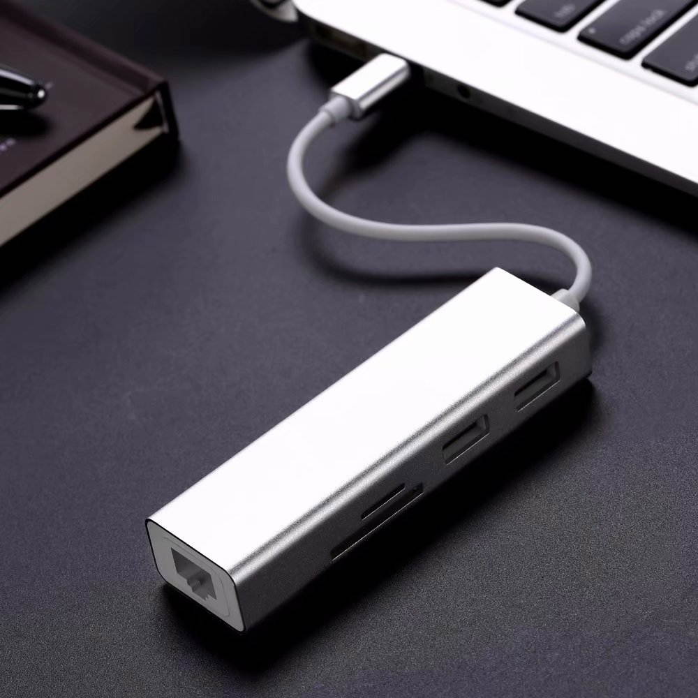 5 in 1 USB-C Card Reader with RJ45 USB Port, Type-C to USB 3.0 HUB with 1000M LAN Gigabit Ethernet / SD/TF Card Reader, 5-in-1 Type-C to 1000Mbps USB3.0 SD TF Dock.