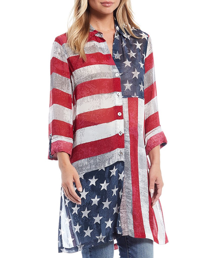 John Mark Americana Roll Tab Sleeve Button Front Long Tunic