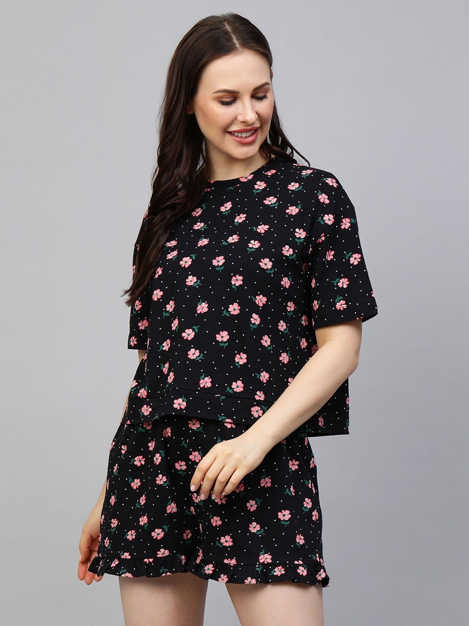 Chemistry Black Floral Print Top With Shorts
