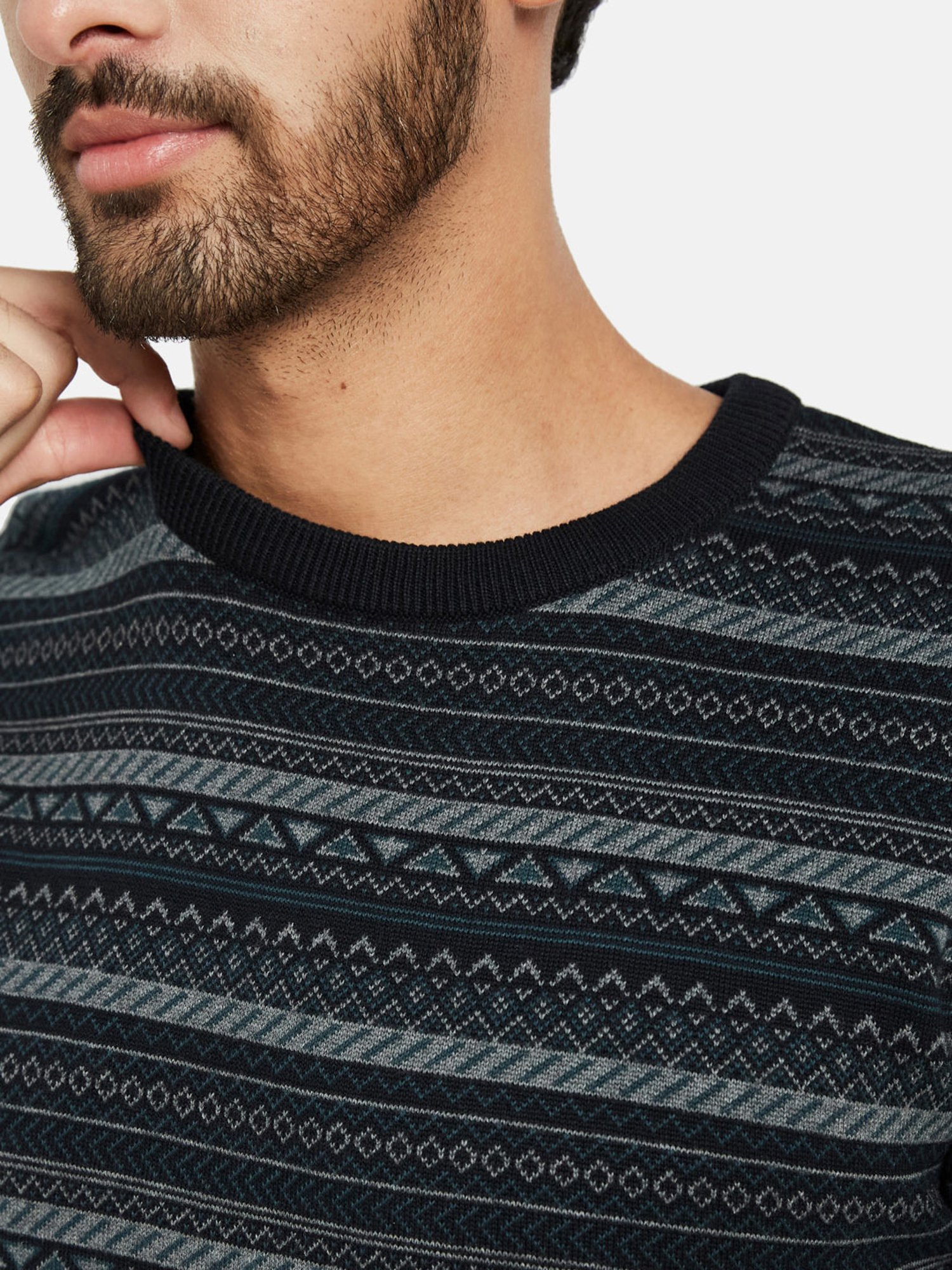 METTLE Dark Navy Regular Fit Striped Sweater