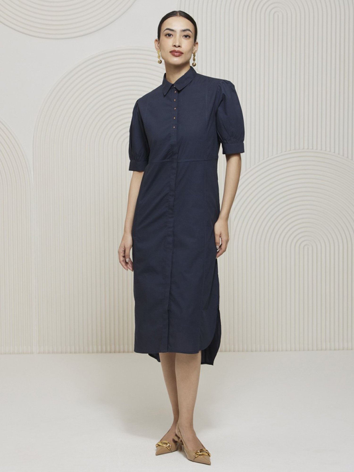 Artagai Midnight Navy Elevated Basics Front Open Calf Length Dress