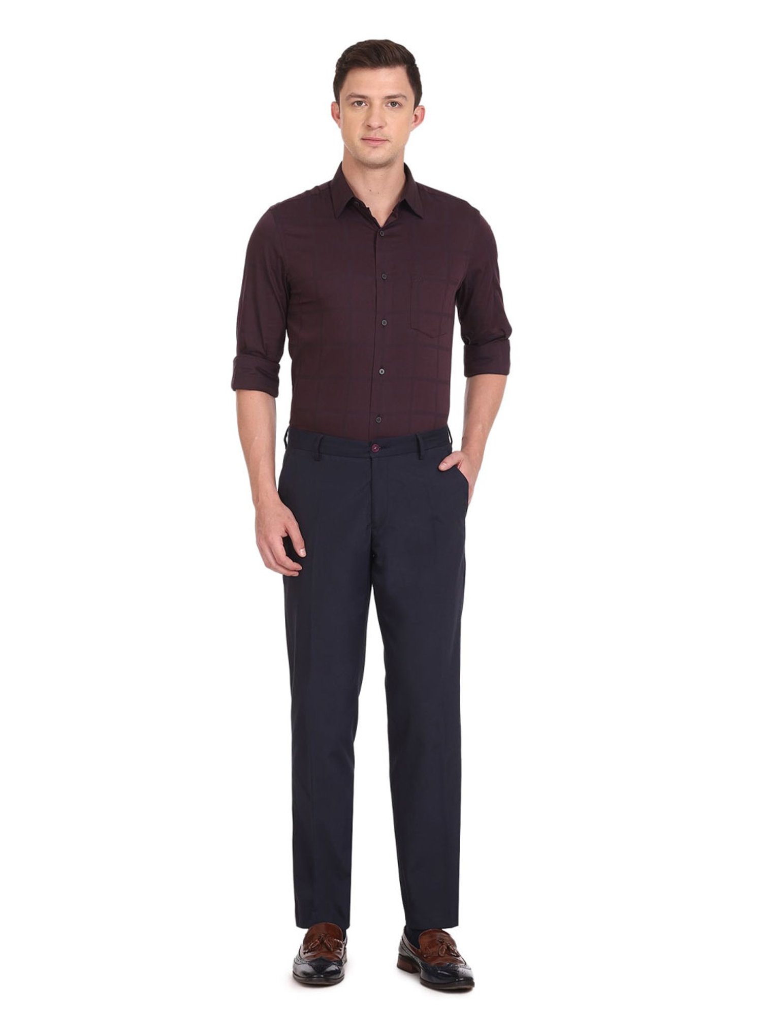 Arrow New York Maroon Cotton Slim Fit Checks Shirt