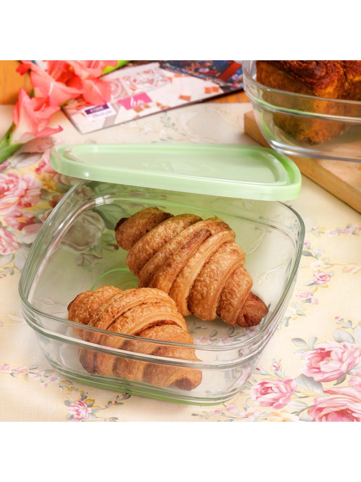 Duralex 'Freshbox' Transparent & Green Glass 23 cm Container With Lid (3.1 L) - Set of 1