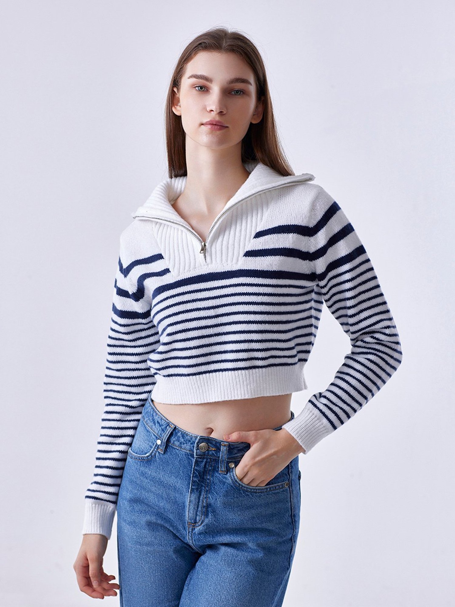 Cover Story White & Navy Striped Pullover