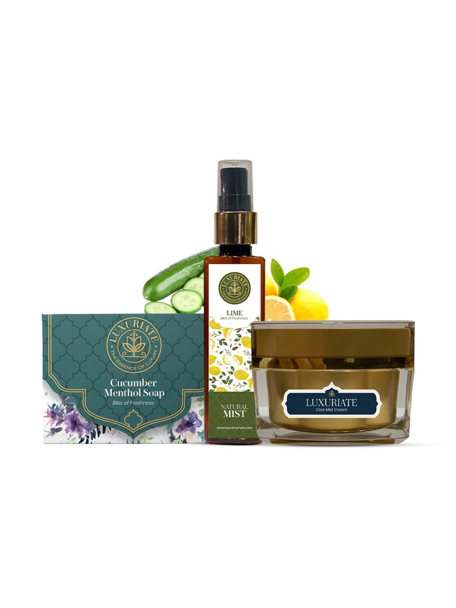 Luxuriate Cucumber Soap, Cool Mist Shea Butter Almond Face Cream & Lime Mist Spray Set