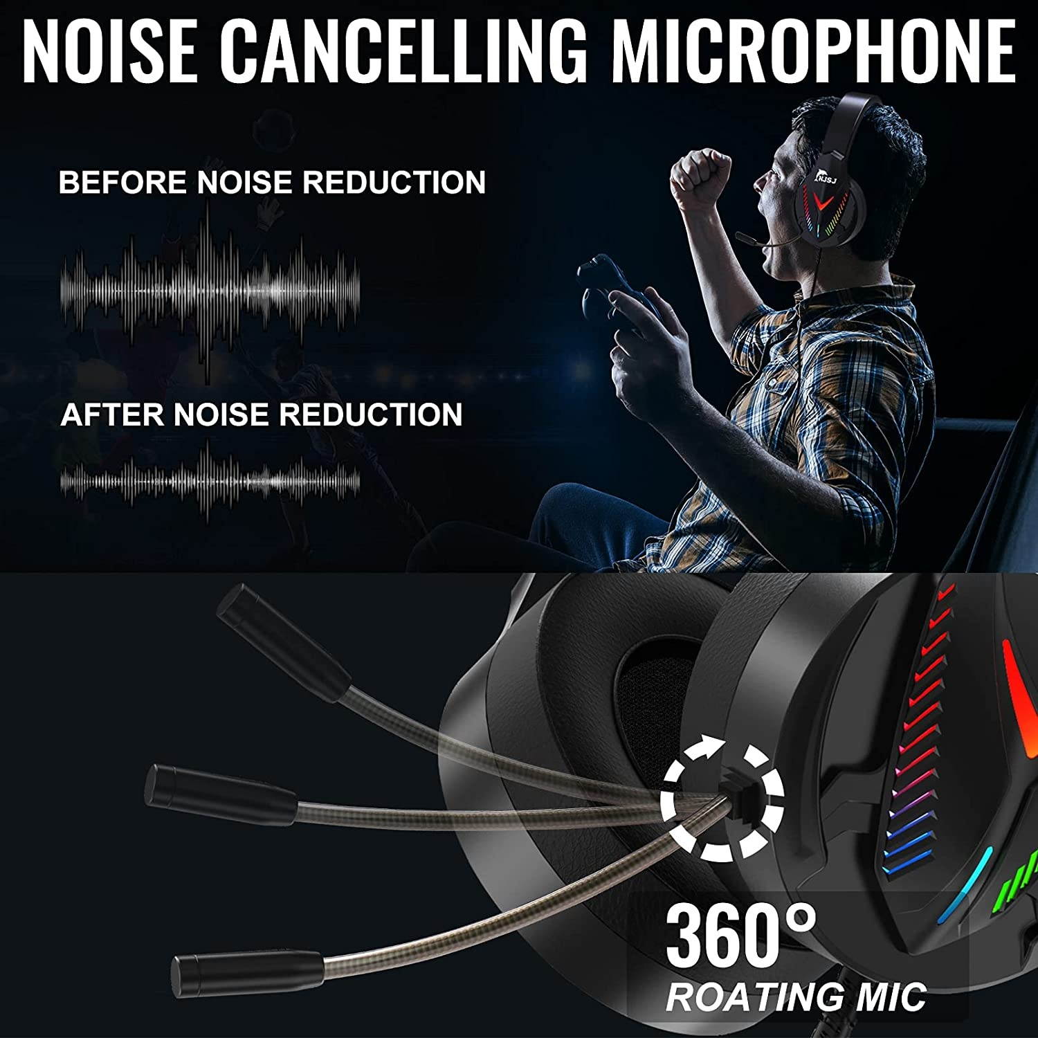 NJSJ Gaming Headset for PS4 PC Xbox One PS5 Controller, Gaming Headphones with Noise Canceling Microphone,Surround Sound,RGB LED Light,Soft Memory Foam Ear Pads for PC, Mac, Laptop, Cell Phones