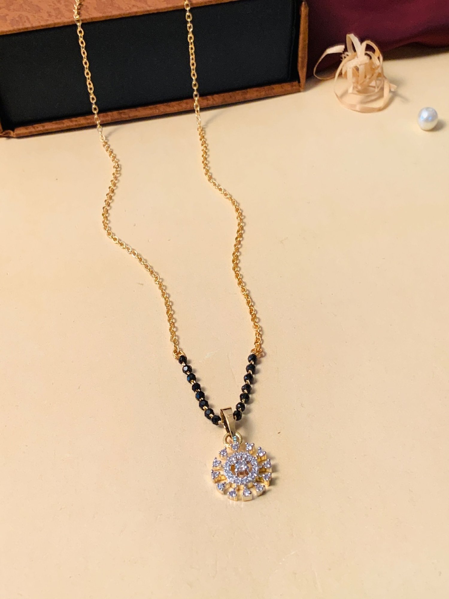 Abdesigns Gold-Plated American Diamond & Black Beaded Mangalsutra