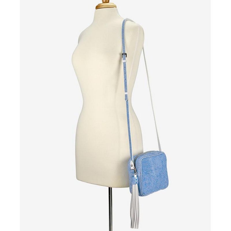 VR NYC Magnetic Strap Closure Mosaic Design Denim Laser Cut Crossbody Bag - Blue