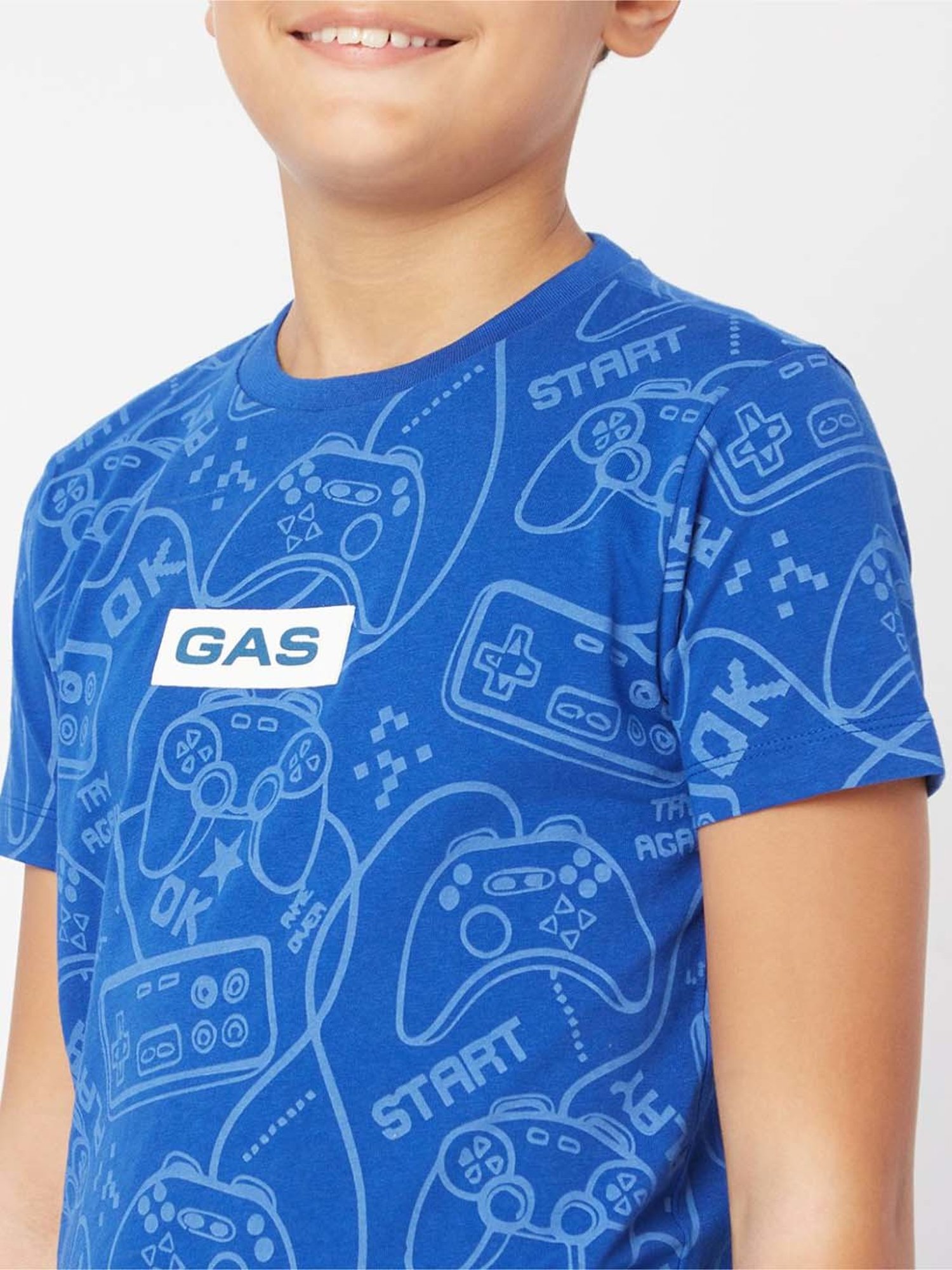 Gas Kids Blue Cotton Printed T-Shirt