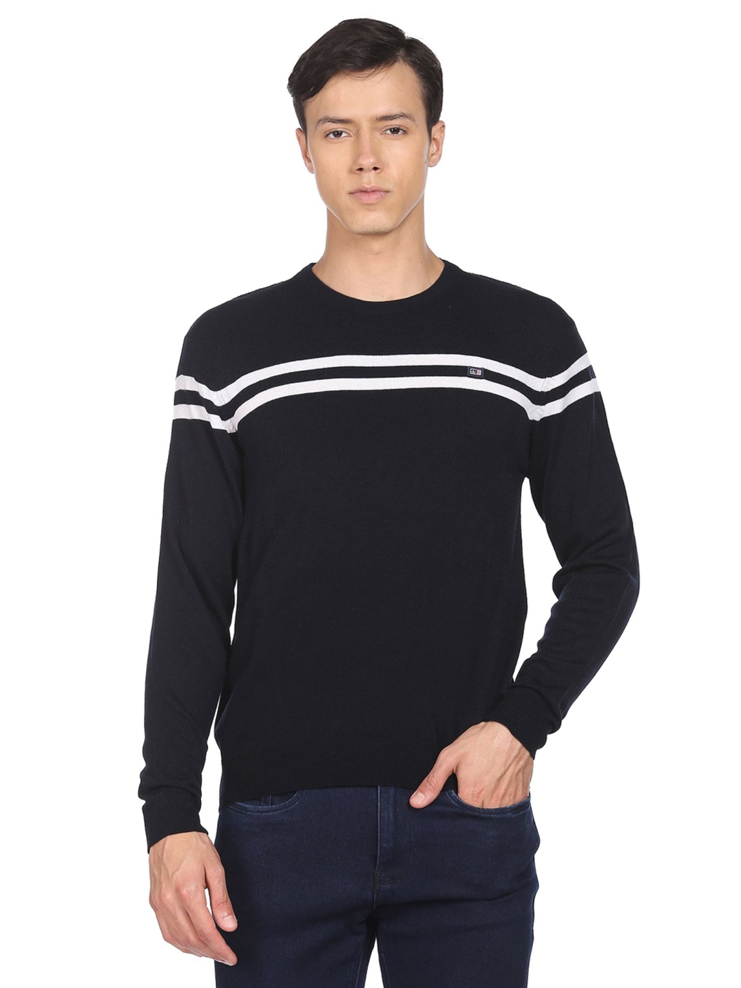 Arrow Sport Navy Blue Regular Fit Striped Sweater