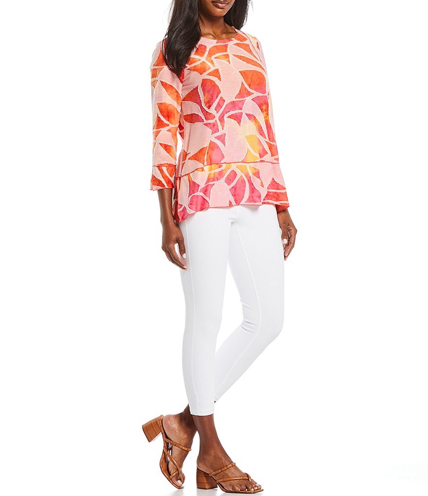 Ali Miles Tropical Tie Dye 3/4 Sleeve Jewel Neck Jacquard Top