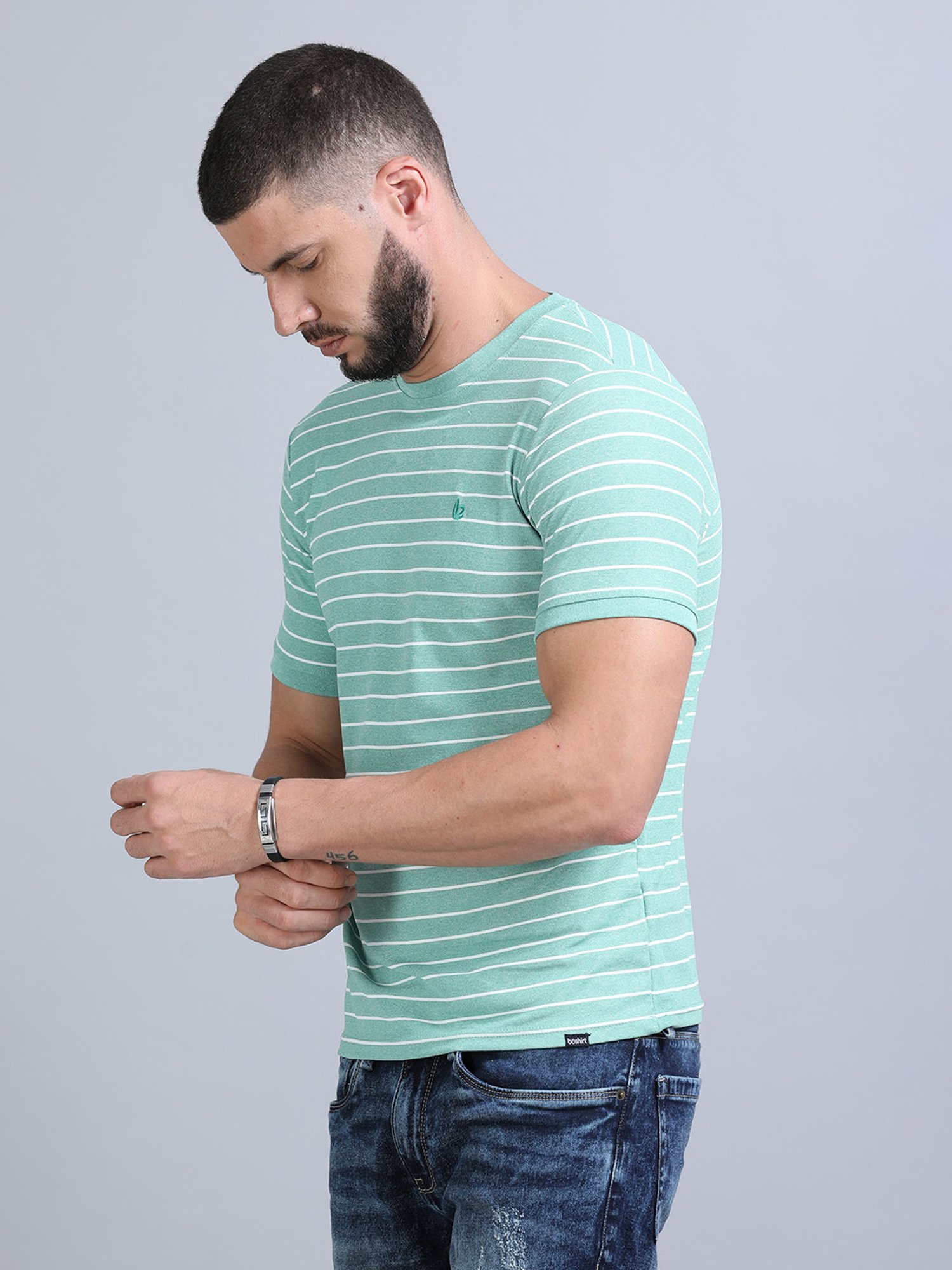 Bushirt Mint Green Regular Fit Striped Crew T-Shirt