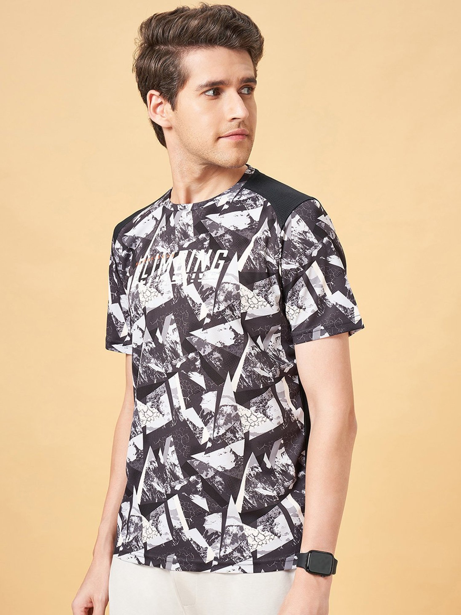 Ajile by Pantaloons Jet Black Slim Fit Printed Sports T-Shirt