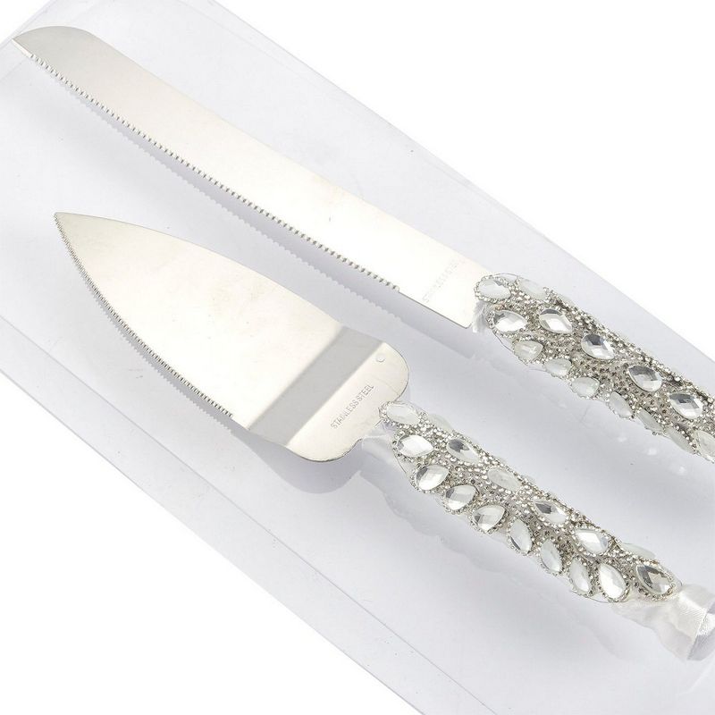 Juvale Silver Wedding Cake Server Set Stainless Steel Knife Server Ribbon Lace Wrapped Handle with Crystal Decor Great for Engagement Anniversary
