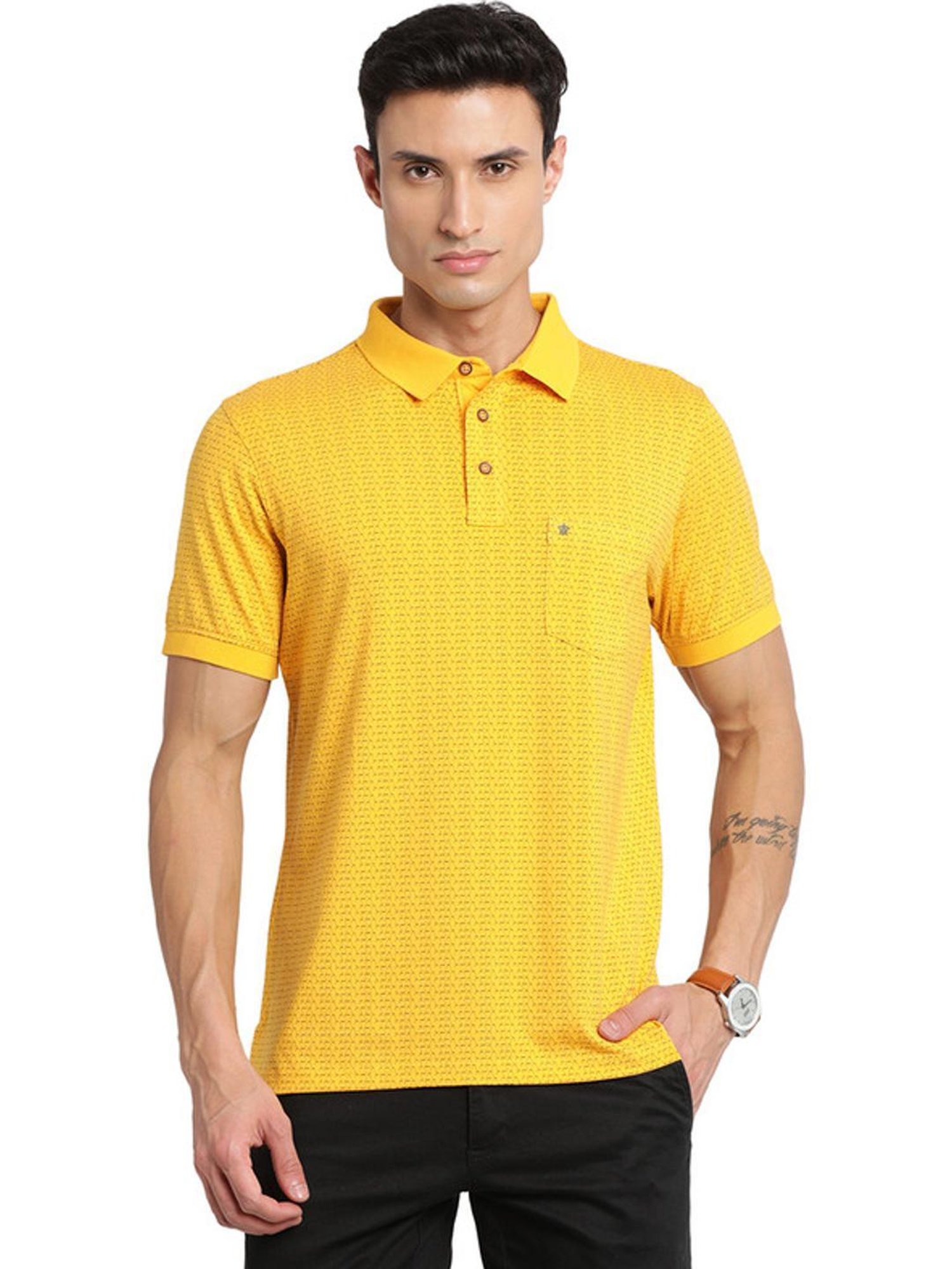 Turtle Yellow Cotton Slim Fit Printed Polo T-Shirts