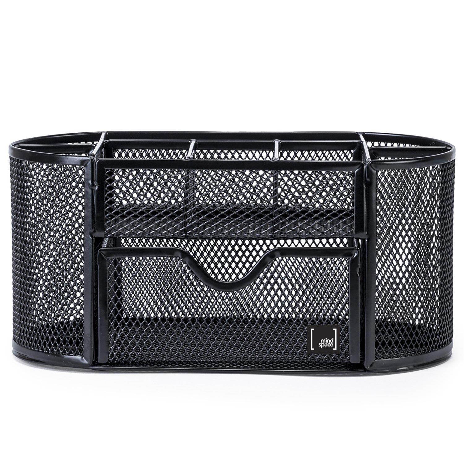 Pen Holder for Desk By Mindsapce with 8 Compartments + Drawer | The Mesh Collection, Black